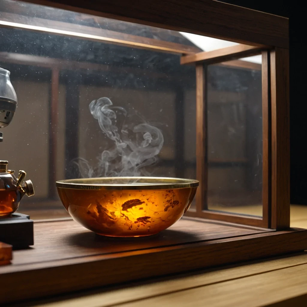 A hyperrealistic, lowangle closeup of a solitary, translucent amber resin block suspended in midair within a dimly lit, hightech archival laboratory. Encased deep within the goldenbrown resin is a miniature, hyperdetailed diorama of a traditional Japanese tea house, complete with sliding shoji screens, tatami mats, and a tiny, steaming ceramic bowl, all preserved in perfect stillness. The surface of the amber is flawless and polished, acting as a lens that slightly magnifies the intricate textures of the wood grain and fabric inside. In the immediate foreground, out of focus, the metallic rim of a brass microscope eyepiece frames the left side of the shot, while soft, clinical LED panel lights from above cast
