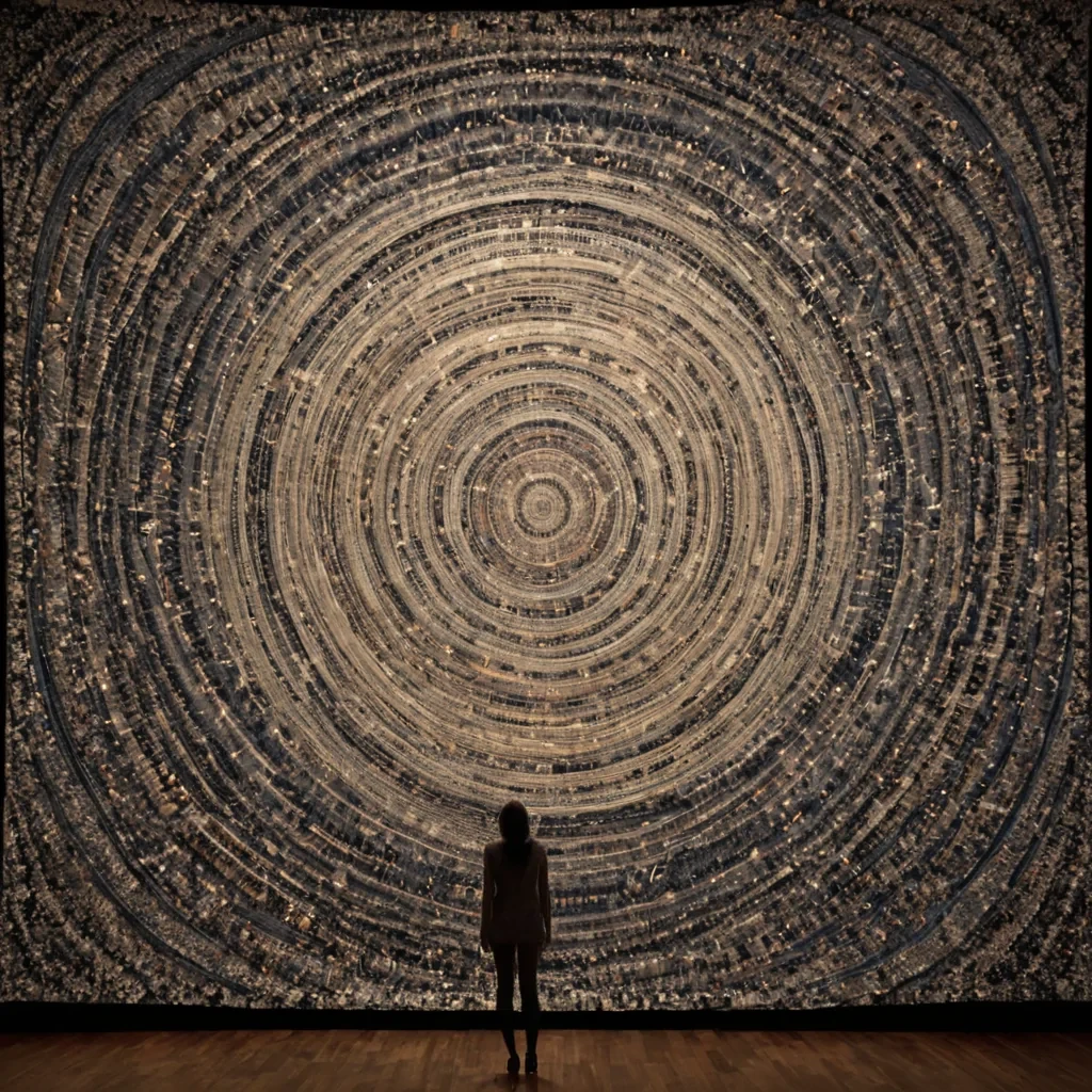 A single, selfrewriting tapestry of reversed dreams, shaped like a 5,678dimensional mosaic of unformed subconscious and inverted imagination, floats at the center of a vast, inverted theater of solidified wakefulness  each thread spun from the exact moment between a thought forming in the mind and its refusal to be dreamed, a memory dissolving into nonnarrative silence, a vision flickering in the periphery and collapsing into pure, unmeasured nonillusion. The tapestry does not preserve the unreal  it unpreserves it, each shimmering filament shedding a layer of psychic potential that never coalesced into nocturnal narrative, reforming into ephemeral, opalveined afterimages shaped