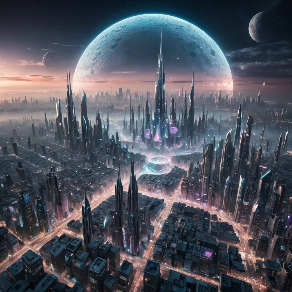 Ephemeral Metropolis A sprawling, futuristic cityscape, constructed entirely from delicate, iridescent crystal, shimmers under the Ultra HD glow of a triple moon system. The citys intricate, hyperrealistic architecture stretches towards the heavens, its detailed textures reflecting the dynamic, cinematic lighting of the alien sky. Volumetric lighting casts dramatic shadows, accentuating the citys towering spires and sprawling, geometric plazas. Atmospheric effects create a swirling, ethereal mist, obscuring the distant, neonlit skyline. The citys inhabitants, humanoid yet ethereal, glide gracefully through the streets, their translucent forms casting a soft, past