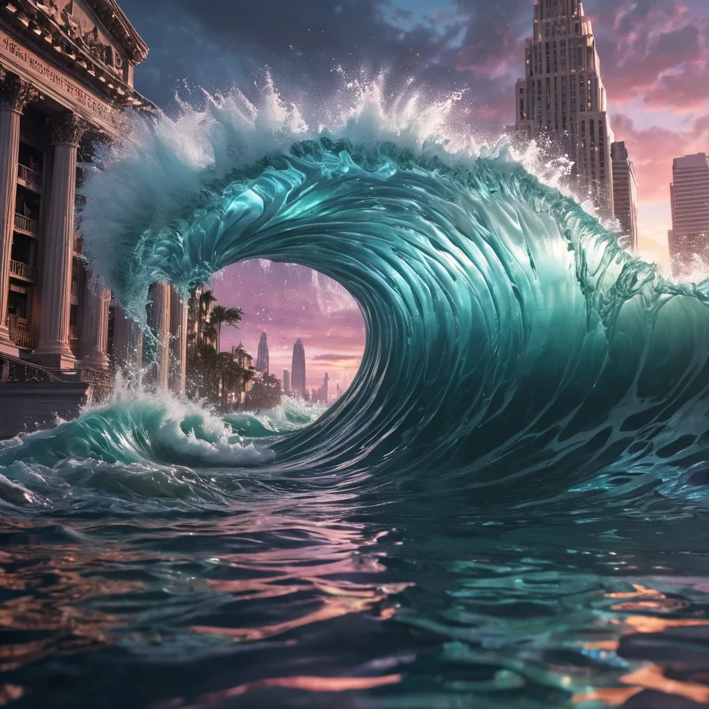 Ethereal Tide A colossal, hyperrealistic, Ultra HD tidal wave, composed entirely of liquid glass, cascades over a desolate, neonlit, cinematic cityscape, casting intricate, atmospheric shadows across the urban landscape. The waves dynamic, volumetric crest reflects the vibrant, pastel glow of the citys holographic billboards, while its detailed, textured surface reveals a hidden, underwater metropolis, teeming with bioluminescent, alien lifeforms. As the wave crashes down, it unveils a vast, ancient library, its towering, marble columns adorned with intricate, 4K filigree, creating a soft, ethereal bokeh effect that dances