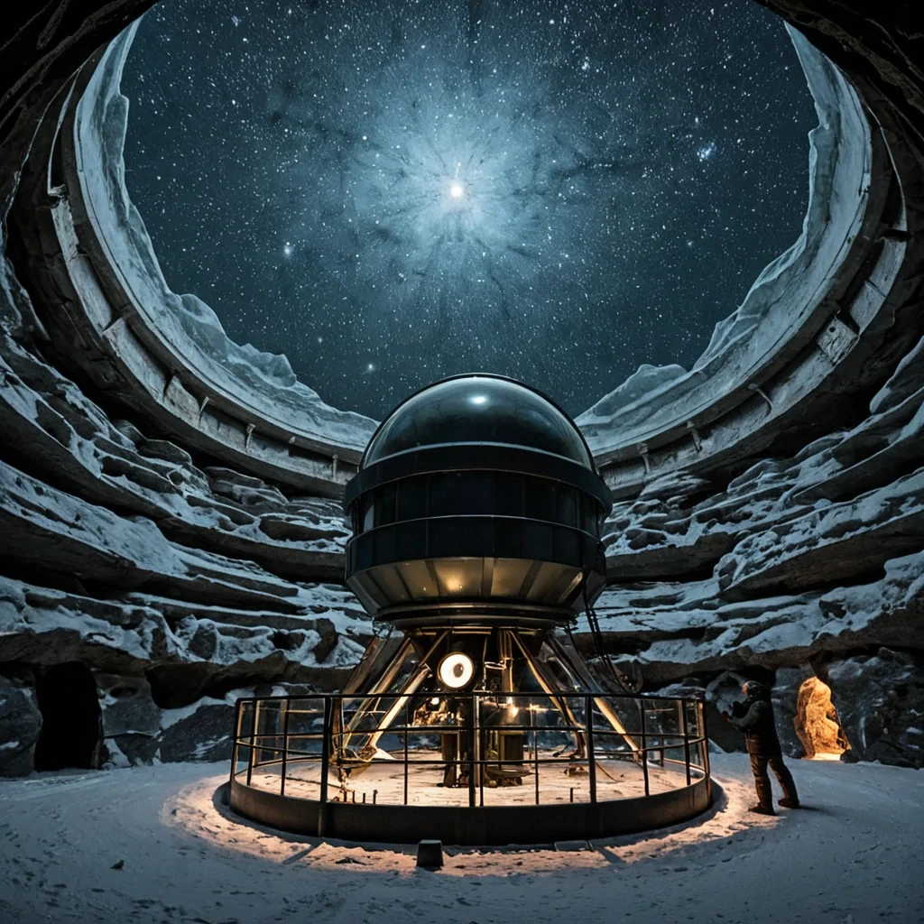 A horizontal, eyelevel medium shot of a quiet, circular observatory built into the ceiling of a colossal, subterranean ice cavern in a polar wasteland. The structure is a dome of frosted, curved glass that reveals the swirling, starfilled night sky above, while the interior floor is a mosaic of polished black slate and intricate, glowing bronze star charts. In the center, an astronomer with windswept hair and wearing a heavy, shearlinglined parka in muted olive green stands beside a towering, brass telescope with a complex array of lenses and mirrors. They are adjusting a small, rotating dial on the instrument, their breath visible as a faint mist in the cold air. The scene is illuminated by the soft, cool blue