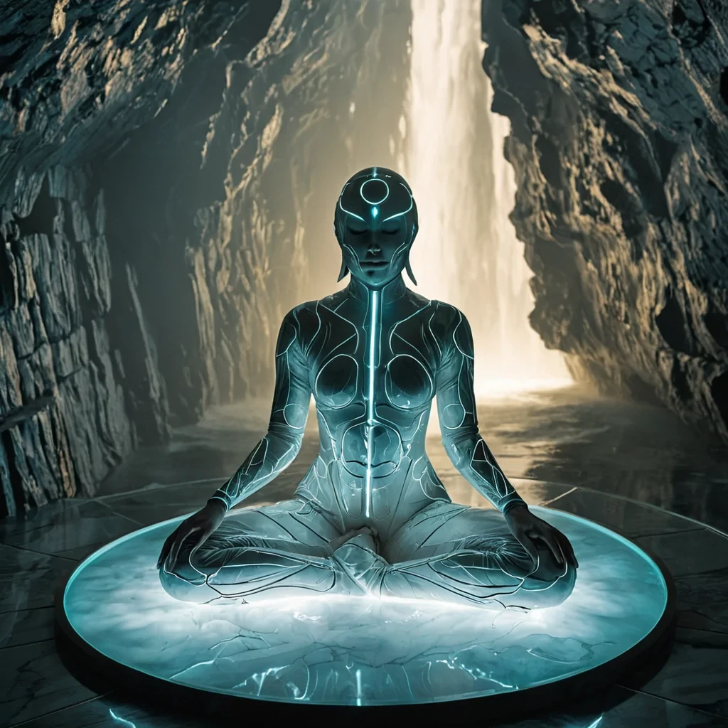 A horizontal, eyelevel closeup of a serene, highaltitude meditation chamber constructed from layers of translucent, frosted alabaster and polished chrome, situated on the flat plateau of a floating mountain island surrounded by cascading waterfalls that freeze into mist before hitting the sea miles below. The room features a circular floor made of dark, slate stone inlaid with intricate, glowing circuitry patterns in soft gold and teal that pulse rhythmically, mimicking a heartbeat. In the center, a figure wearing a sleek, minimalist white ceramic armor suit with exposed, humming vacuumtube technology sits crosslegged, meditating with eyes closed. The lighting is soft and diffuse, filtering through the alabaster walls to create a warm, ethereal glow