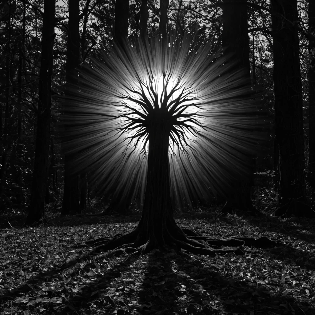 A single, selfreplicating bloom of reversed light, shaped like a 103dimensional corona of unformed radiance and inverted luminescence, pulses at the center of a vast, inverted forest of solidified twilighteach tree carved from the petrified instant between a suns descent and its refusal to rise, a shadows lengthening and its sudden collapse into pure darkness, a leafs fall and its suspension midair as if time had never consented to motion. The bloom does not shineit unshines, each petal shedding a layer of photonic potential that never coalesced into a shared warmth, reforming into ephemeral, sapphirethreaded afterimages shaped like the negative space between two