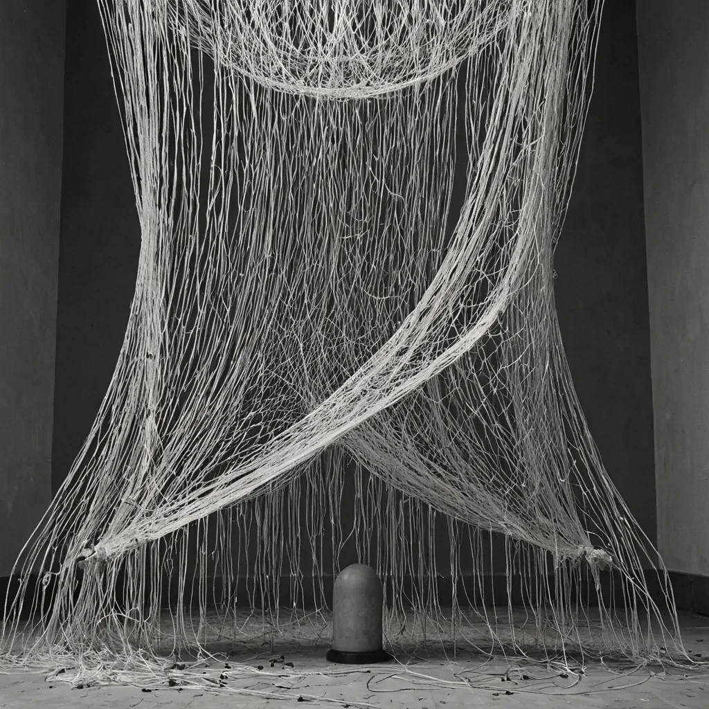 A single, selffragmenting tangle of reversed silence, shaped like a 3,141dimensional net of unformed stillness and inverted resonance, drifts at the center of a vast, inverted sea of solidified sound. Each strand is woven from the exact moment between a whisper forming in the throat and its refusal to leave, a bell tolling in an empty chapel and dissolving into nonecho, a heartbeat syncing with the void and collapsing into pure, unmeasured nonrhythm. The net does not capture sound  it uncaptures it, each fraying thread shedding a layer of auditory potential that never coalesced into vibration, tone, or meaning, reforming into ephemeral, sapphire