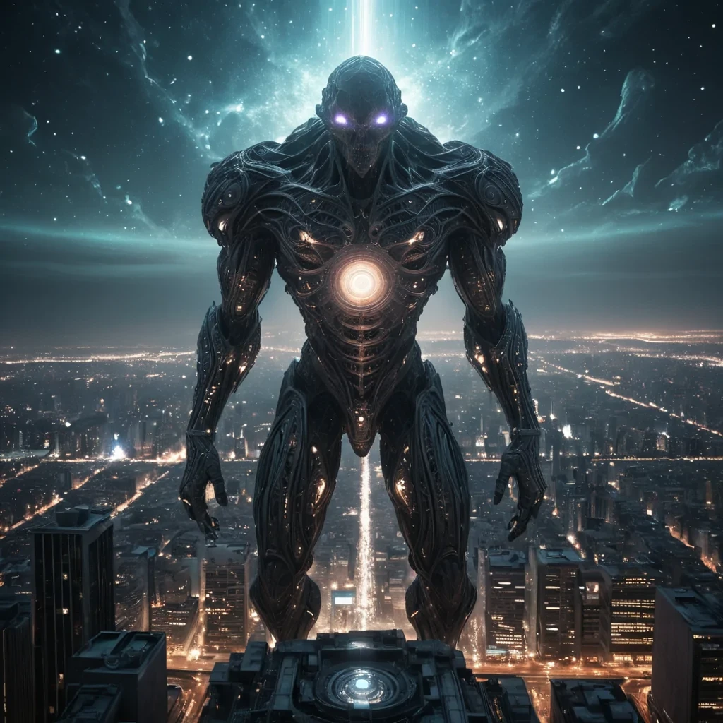 Photorealistic, Ultra HD, colossal, ancient, cinematic, levitating, crystalline colossus, its detailed, fractal surface adorned with intricate, 4K, neonlit filigree, hovers silently over a desolate, alien, neonlit metropolis. The colossus massive, volumetric, antigravity engines cast intricate, atmospheric shadows across the urban landscape, while its powerful, cinematic searchlights, crafted from swirling, neonlit vortexes, illuminate the distant, swirling galaxies, creating a soft, ethereal bokeh effect that dances with the scenes lens flare, as the rhythmic, atmospheric calls of unseen creatures echo through the thin, atmospheric air.