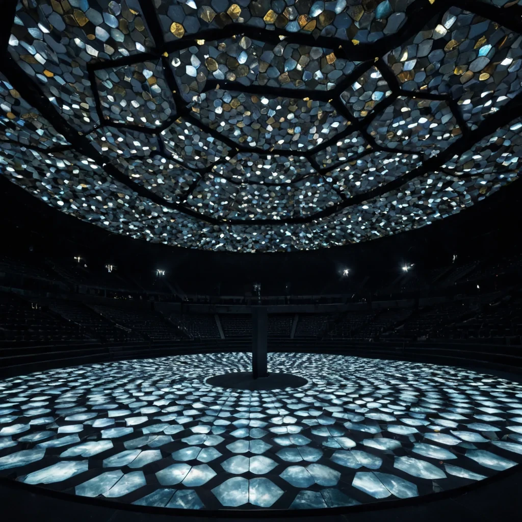 A topdown, symmetrical view of a vast, circular arena floor composed of interlocking hexagonal tiles made of iridescent motherofpearl, reflecting a ceiling that resembles a deep, starry ocean sky viewed from underwater. The arena is empty except for a single, central pedestal crafted from raw, unpolished black basalt, atop which rests a delicate, translucent origami crane made of folded sheets of gold leaf. Surrounding the arena are towering, curved walls of dark, textured obsidian that seem to absorb all light, creating a stark contrast with the soft, ethereal glow emanating from the pearl floor and the golden crane. The lighting is cinematic and volumetric, with shafts of pale blue moonlight piercing through