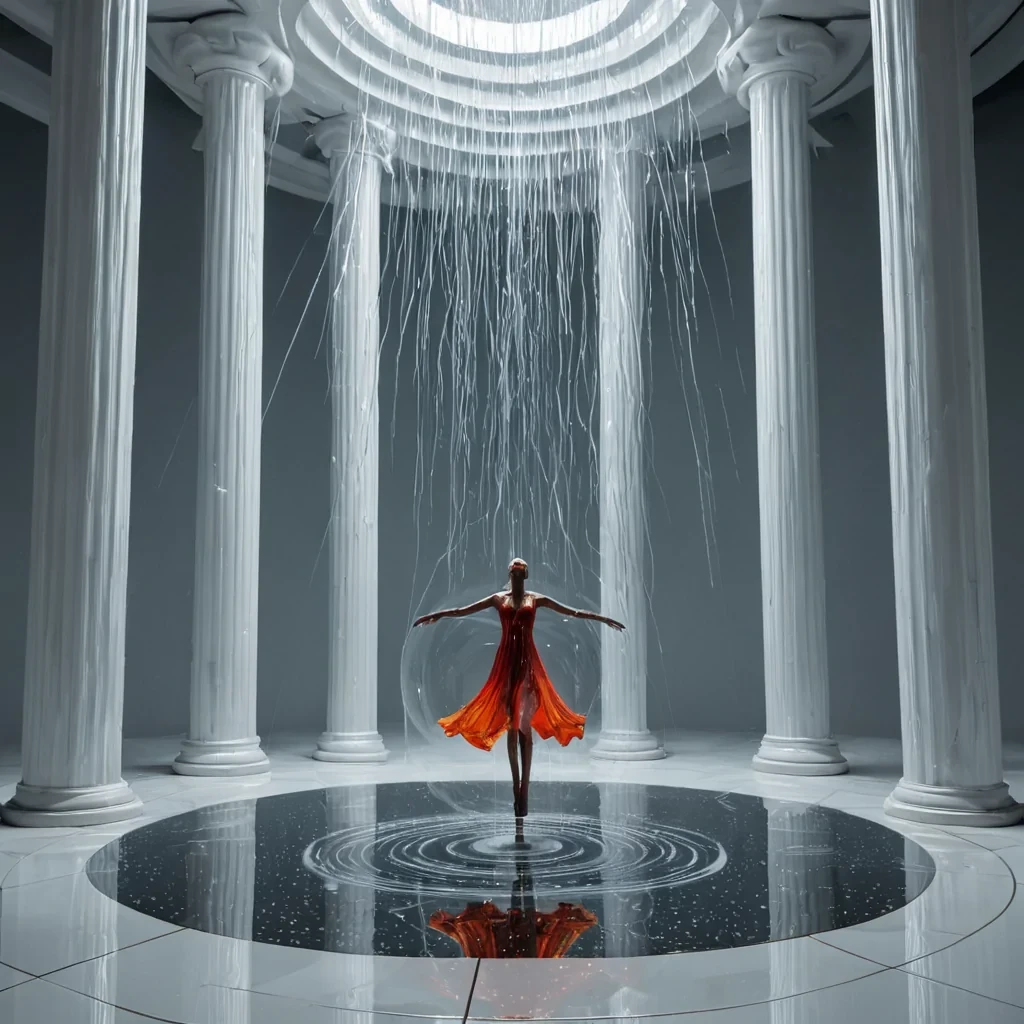 A vertical, eyelevel wide shot of a surreal, floating plaza constructed entirely from seamless, mattewhite ceramic tiles that hover in a weightless void above a churning ocean of liquid chrome. The plaza is populated by towering, slender pillars of translucent amber resin, each encapsulating a frozen, miniature storm system with swirling gray clouds and tiny lightning bolts suspended in midair. In the center, a solitary figure wearing a sleek, crimsonred minimalist dress made of woven fiberoptic cables stands with arms outstretched, interacting with a floating, spherical interface of shimmering, holographic water droplets that ripple outward in concentric rings. The lighting is stark and highcontrast, with sharp shadows cast by the pillars against the reflective chrome sea below,