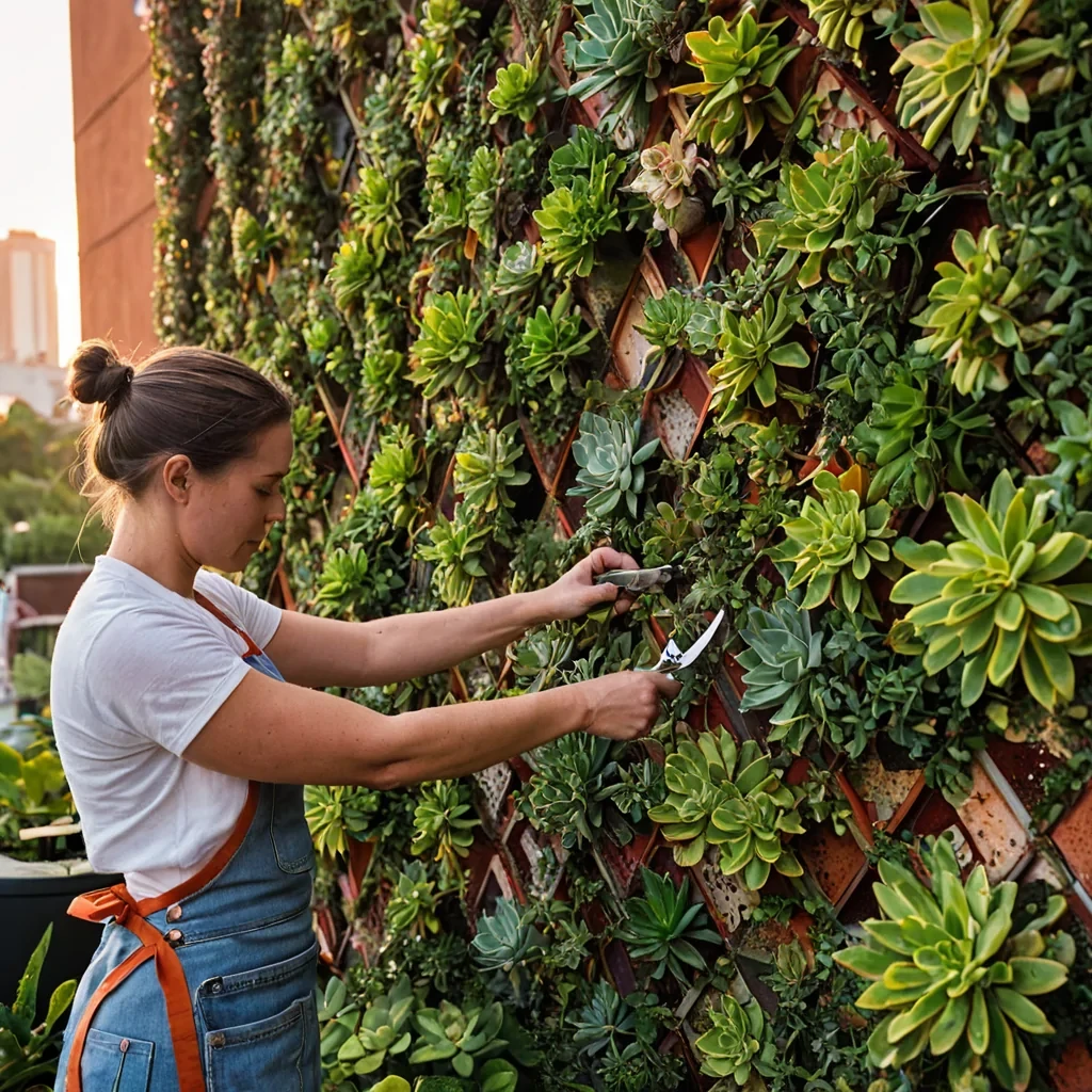 A horizontal, eyelevel medium shot of a vibrant, vertical urban garden wall constructed from interlocking hexagonal modules of recycled terracotta and translucent polycarbonate, bathed in the warm, golden light of a late afternoon sunset. Each module houses a different variety of succulent and airplant life, creating a lush, textured tapestry of greens, purples, and deep reds. In the center, a community gardener wearing a bright, sunbleached denim apron over a crisp white tshirt uses a pair of silver pruning shears to trim a cascading strand of delicate, whiteflowering jasmine that spills over the edge of a central module. The background is a soft, outoffocus blur of a bustling city