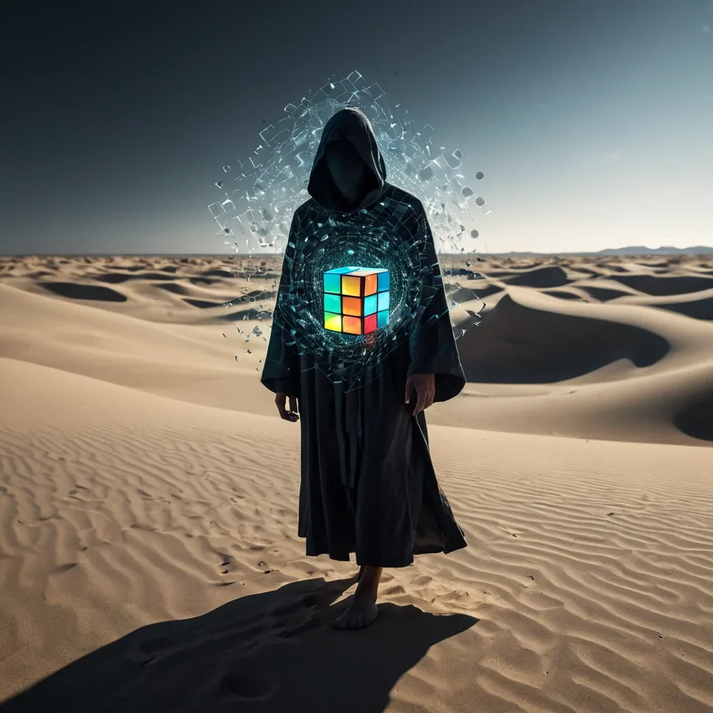 A hyperrealistic, 4K portrait of a sentient, levitating, neonlit holographic Rubiks cube, its ethereal form pulsating with intricate, bioluminescent fractal patterns, set against a surreal, monochromatic landscape of undulating, shadowy dunes, with volumetric lighting casting dramatic shadows and emphasizing the cubes dynamic, fluid movements, and a subtle, cool bokeh effect creating a sense of isolation and mystery, as a lone, spectral figure, cloaked in a tattered, hooded robe, stands silently at the edge of the frame, their face obscured by shadows, adding an enigmatic, haunting touch to the otherwise abstract scene.
