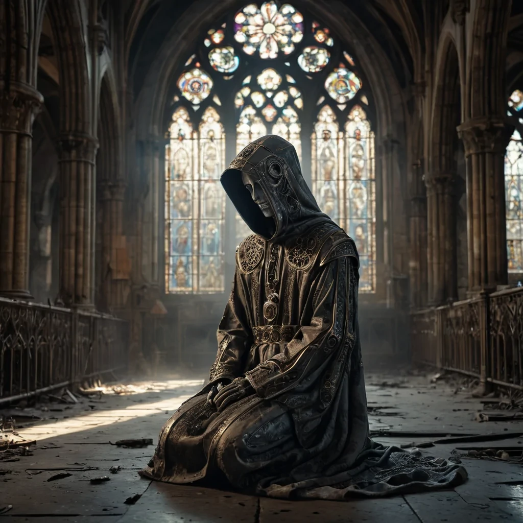 Photorealistic, Ultra HD portrait of a melancholic, sentient automaton, its metallic body adorned with intricate, tarnished filigree, sitting alone in a vast, abandoned cathedral, surrounded by towering, gothic arches and faded, stainedglass windows, with cinematic lighting casting dramatic shadows and emphasizing the intricate, steampunkinspired design, and a subtle, cool bokeh effect creating a sense of isolation and melancholy, as a lone, spectral comet streaks across the night sky, its glowing tail leaving a trail of stardust in its wake, while a spectral, ethereal figure, cloaked in a tattered, hooded robe, stands silently at the edge of