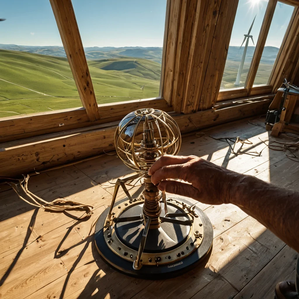 A hyperdetailed, eyelevel view of a quiet, sunlit workshop inside a highaltitude wind farm, where the floor is made of polished, warmtoned walnut wood. In the center, a craftsman with weathered hands assembles a delicate, spherical instrument from interlocking brass rings and suspended strands of iridescent spider silk. The instrument floats gently in midair, held in place by subtle magnetic fields, its core glowing with a soft, pulsating amber light. Large, arched windows in the background reveal a vast landscape of rolling green hills and towering white turbine blades stretching to the horizon under a crisp, pale blue sky. Sunlight streams through the windows, casting long, sharp shadows on the floor and highlighting the fine