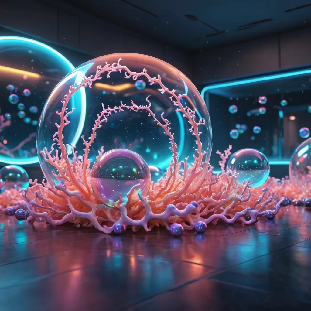 Hyperrealistic neon coral with iridescent tendrils, gracefully undulating in a hypermodern underwater lounge of floating, holographic spheres, pastel tones with dynamic lighting, soft focus on its delicate, luminescent body, vibrant colors, 4K resolution, lens flare dancing around its ethereal form.