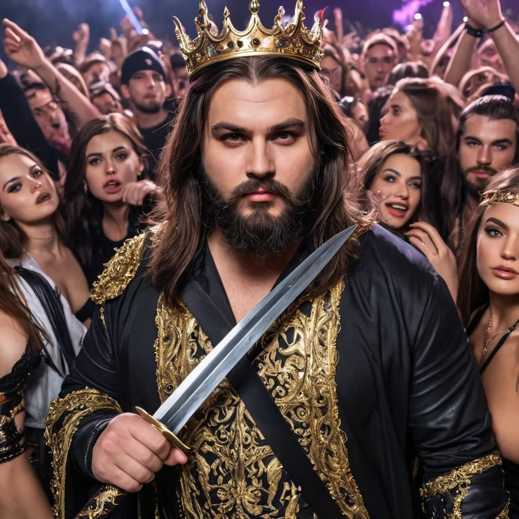 A modern handsome evil king has gotten chubby and grown a little beard with a sword in his hand dressed very nice with beautifully dressed beautiful brunette women with long hair in a edm crowd