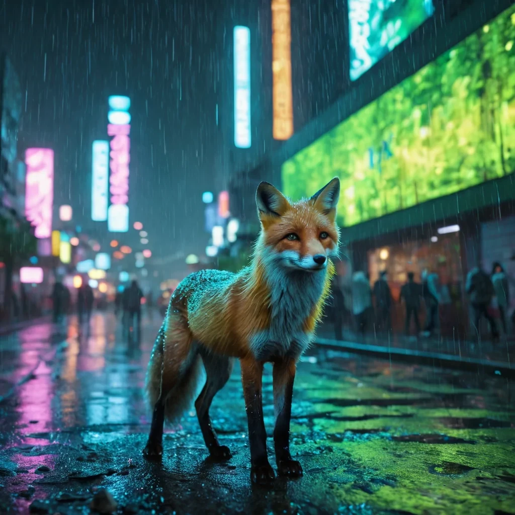 A luminescent, spectral fox dashes through a neondrenched, rainsoaked urban jungle at night, its fur illuminated by the glow of holographic billboards, hyperrealistic, 4K, cinematic lighting, volumetric lighting, atmospheric effects, dynamic lighting, bokeh effect, soft focus, lens flare, neon greens, electric blues, and vivid magentas, detailed textures.