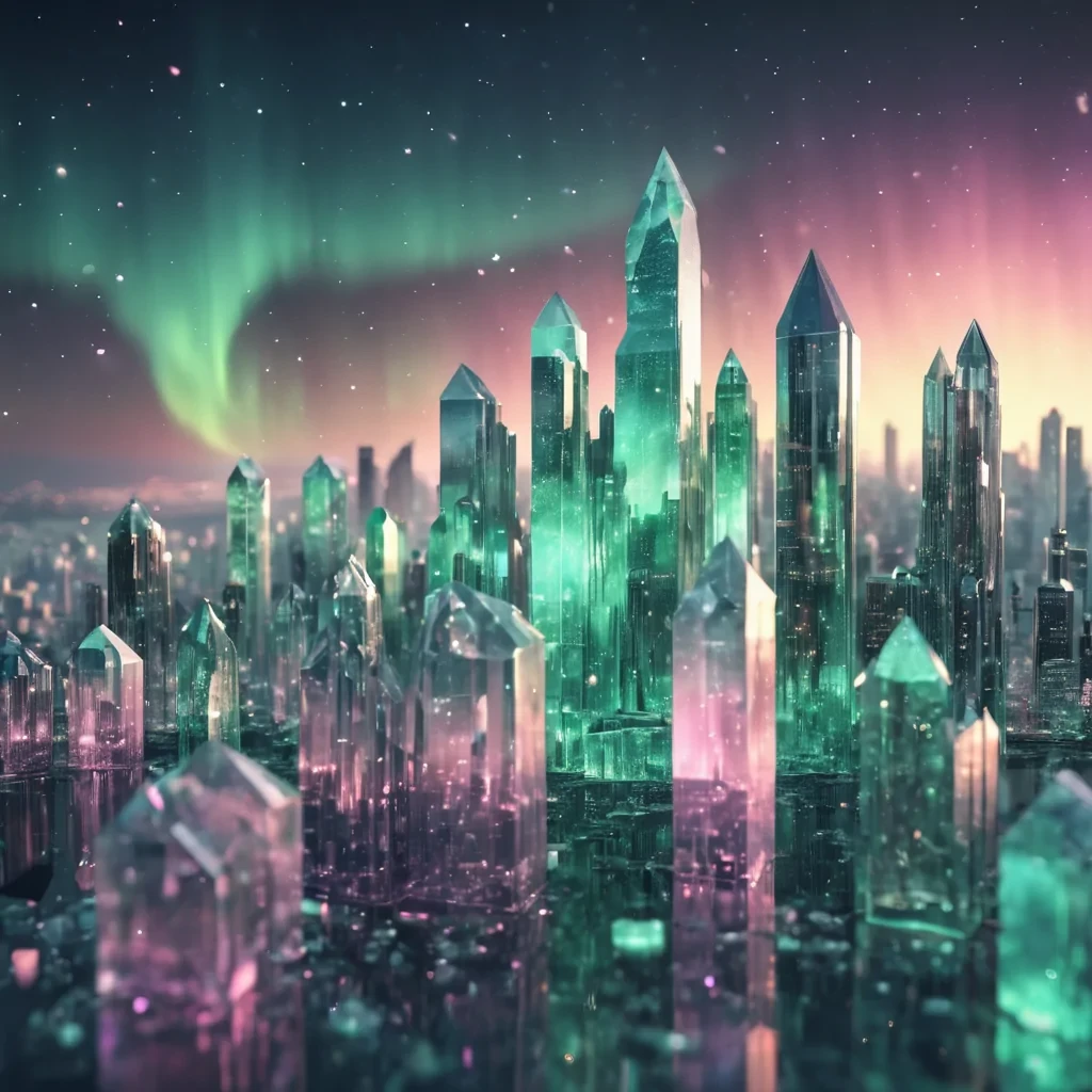 A vast, crystalline cityscape where buildings are made of glowing, translucent glass, reflecting the dance of auroras above, hyperrealistic, ultra HD, cinematic lighting, volumetric lighting, atmospheric effects, dynamic lighting, bokeh effect, soft focus, lens flare, pastel tones, detailed textures.