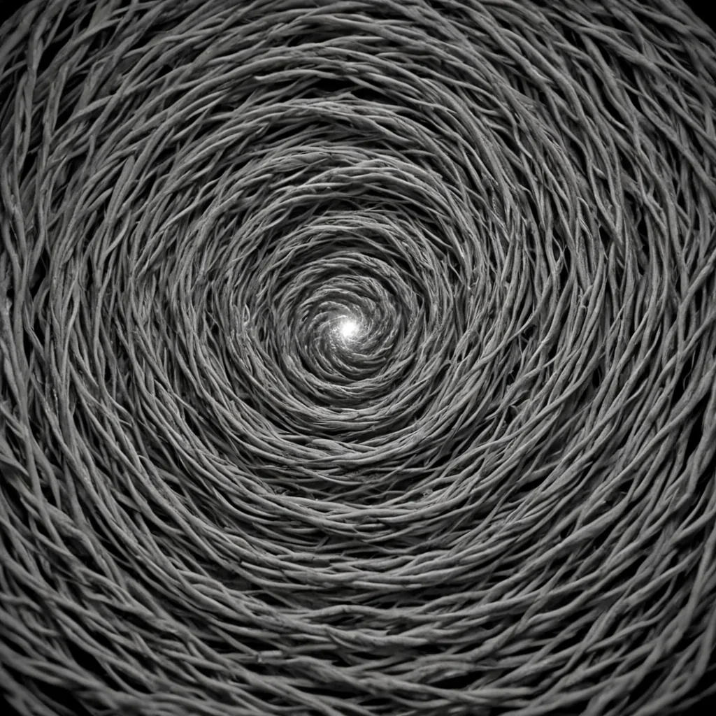 A single, selfilluminating tangle of woven shadows and solidified breath forms a floating, asymmetrical knot at the center of a vast, still chamber carved from the interior of a dormant neutron star. The knot does not moveit resonates, vibrating at the frequency of a language never spoken, its strands not thread but coiled fragments of unrecorded dreams, each one etched with the faint, ghostly script of a question that was never asked. The chamber walls are not stonethey are layers of compressed silence, arranged in a spiral that spirals inward toward the knot like a wound that never healed, each layer glowing faintly with the afterimage of a breath held too long. Between the strands of the knot