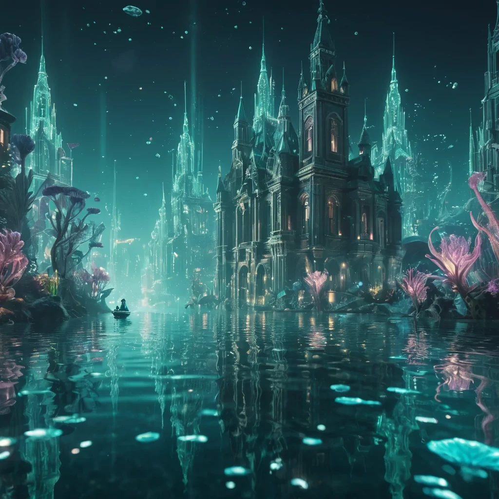 A vast, underwater cityscape where bioluminescent flora cast an ethereal glow on the architecture, with merfolk commuting through crystalclear waters, hyperrealistic, 4K, cinematic lighting, volumetric lighting, atmospheric effects, bokeh effect, lens flare, pastel tones, detailed textures.