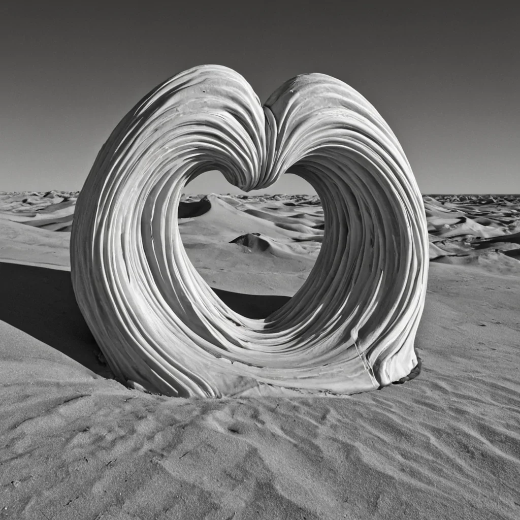 A single, selfsculpting wave of solidified wind, shaped like a 4dimensional Mbius ribbon of inverted turbulence and unformed stillness, undulates through the center of a vast, inverted skyorchard composed of the petrified whispers of a civilization that measured truth not by logic, but by the duration of synchronized, silent breaths held just before the first lie was ever allowed to ripple through the air in a world where sound was never invented. The wave does not moveit unwhispers, each crest shedding a layer of atmospheric potential that never coalesced into a shared resonance, reforming into ephemeral, pearlthreaded afterimages shaped like the negative space between two lips that never parted in unison