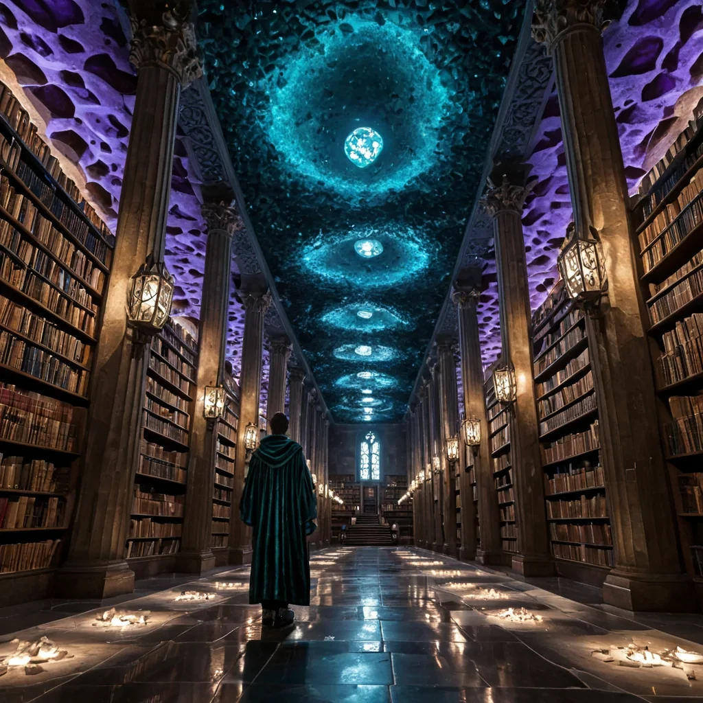 A wideangle, groundlevel perspective of a vast, subterranean library carved directly into the walls of a massive, hollowedout geode, where the ceiling and floor are lined with rough, jagged amethyst crystals that refract the light from thousands of hanging, brasscaged lanterns emitting a warm, honeycolored glow. The central aisle is paved with smooth, polished obsidian tiles that mirror the crystalline ceiling, creating an infinite reflection effect. In the foreground, a young archivist wearing a structured, highnecked robe made of iridescent, scalelike fabric in shades of deep teal and silver stands beside a towering stack of ancient scrolls bound in dark leather and sealed with wax. The air is thick with suspended, glowing