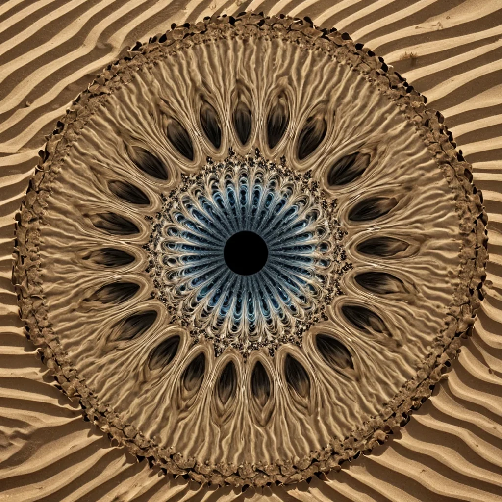 A single, selfilluminating fractal of reversed silence, shaped like a 9,317dimensional kaleidoscope of unformed quiet and inverted resonance, rotates at the center of a vast, inverted desert of solidified windeach dune carved from the exact moment between a breath escaping and its refusal to become sound, a whisper forming and dissolving into nonaudible pressure, a gust rising and collapsing into pure, unmeasured stillness. The kaleidoscope does not reflectit unreflects, each refracting facet shedding a layer of acoustic potential that never coalesced into audible vibration, reforming into ephemeral, moonstonethreaded afterimages shaped like the negative space between two ears that never