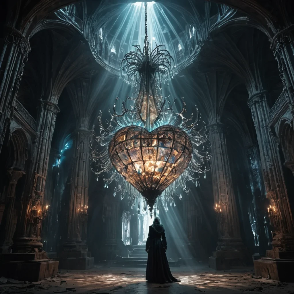An ancient, colossal, crystalline chandelier, suspended in the heart of a vast, subterranean cathedral, illuminates the cavernous space with a mesmerizing dance of prismatic light. The chandeliers intricate, interlocking geometry casts dynamic, ethereal shadows across the obsidian walls, revealing ancient, luminescent sigils that pulse with an otherworldly energy. Within, a spectral figure, clad in a tattered, vintage undertakers uniform, drifts through the desolate space, their form composed of swirling, iridescent motes of light. Ultra HD, cinematic volumetric lighting, atmospheric lens flare, vibrant, bioluminescent colors.
