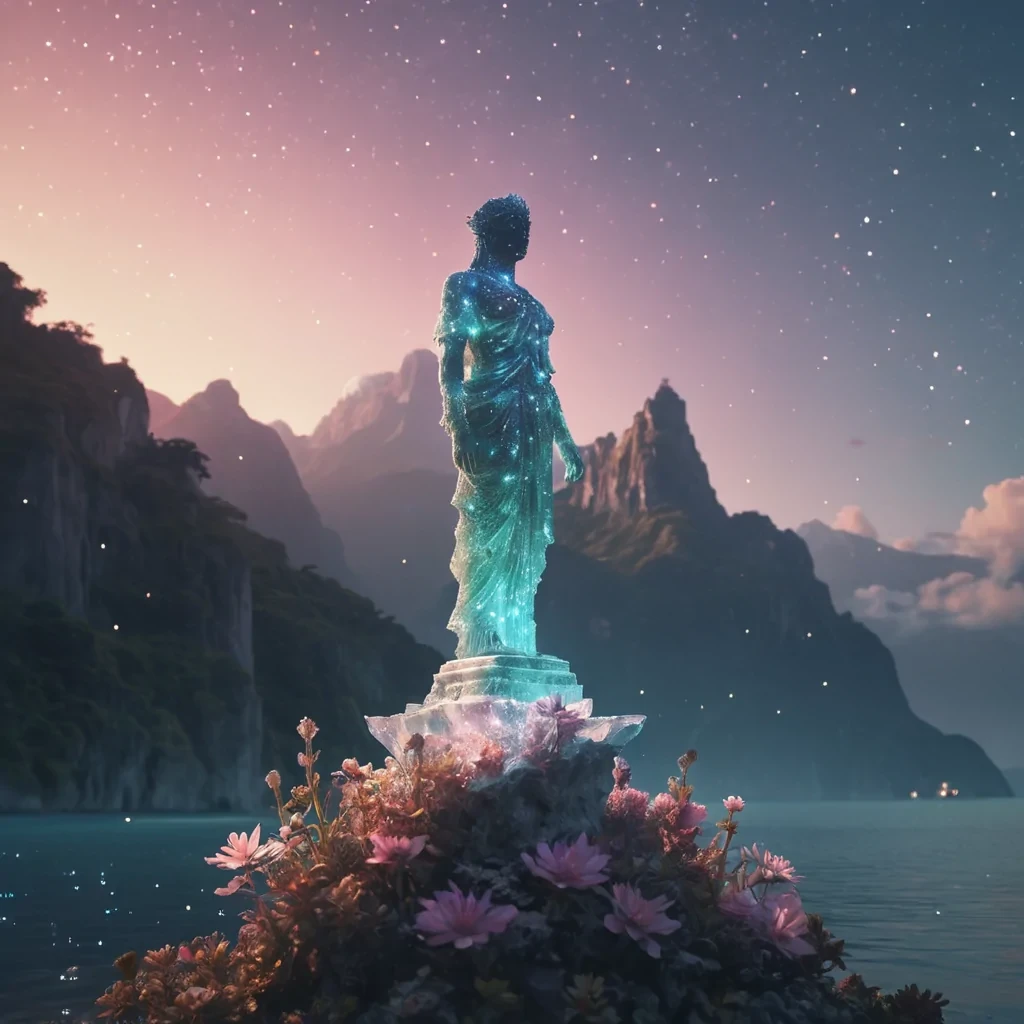 A floating, crystalline island drifting through a starfilled sky, its surface covered in luminescent, otherworldly flora, a lone, ancient statue standing sentinel at its peak, hyperrealistic, 4K, cinematic lighting, volumetric lighting, atmospheric effects, dynamic lighting, bokeh effect, soft focus, lens flare, pastel tones, detailed textures.
