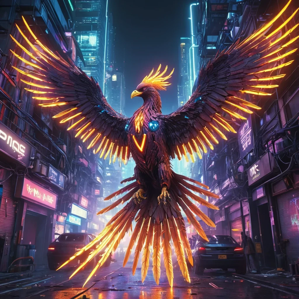 A cybernetic phoenix soaring through a neondrenched cyberpunk city, its feathers made of circuit boards and glowing LEDs, hyperrealistic, 4K, cinematic lighting, volumetric lighting, atmospheric effects, dynamic lighting, lens flare, vibrant colors, detailed textures.