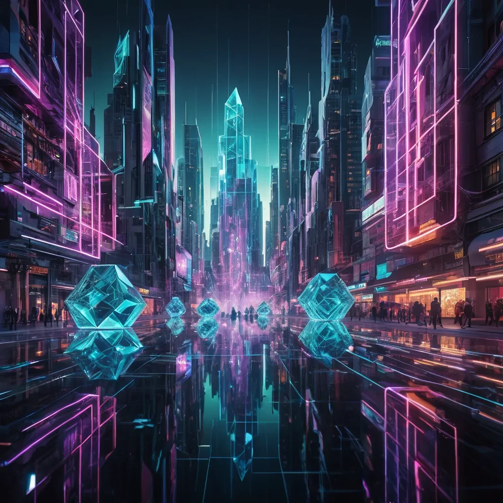 Photorealistic, Ultra HD, intricate, geometric, neonlit, levitating cityscape, composed of interlocking, crystalline, iridescent structures, casting dynamic, volumetric shadows under cinematic, pulsating, neon lighting. Atmospheric effects create a mesmerizing dance of holographic, ethereal nanobots, while vibrant, pulsating colors reflect off the citys reflective, holographic surfaces, revealing a mesmerizing, otherworldly metropolis.