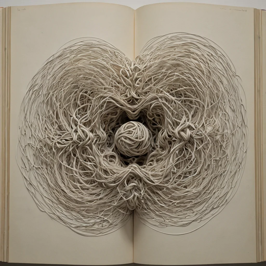 A single, selfrewriting tangle of reversed silence, shaped like a 4,201dimensional knot of unformed stillness and inverted resonance, floats at the center of a vast, inverted archive of solidified breath  each page etched from the exact moment between a word forming in the throat and its refusal to be spoken, a sigh escaping the lungs and dissolving into nonaudible emptiness, a heartbeat echoing in the chest and collapsing into pure, unmeasured nonpulse. The tangle does not contain sound  it uncontains it, each twisting strand shedding a layer of vocal potential that never coalesced into audible expression, reforming into ephemeral, amethystveined afterimages shaped like