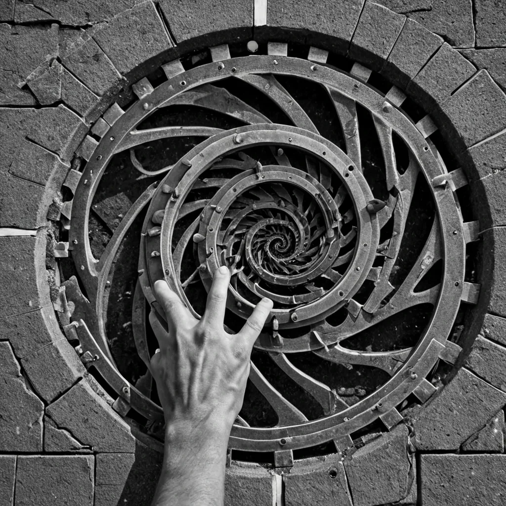 A single, selfilluminating knot of reversed time, shaped like a 173dimensional spiral of unformed chronology and inverted causality, drifts at the center of a vast, inverted clocktower of solidified motioneach gear forged from the petrified instant between a hands turn and its refusal to rotate, a seconds passage and its sudden reversal into a backward tick, a pendulums swing and its silent collapse into stillness. The knot does not flowit unflows, each shimmering particle shedding a layer of temporal potential that never coalesced into a shared sequence, reforming into ephemeral, topazthreaded afterimages shaped like the negative space between two hands that never touched a clock face