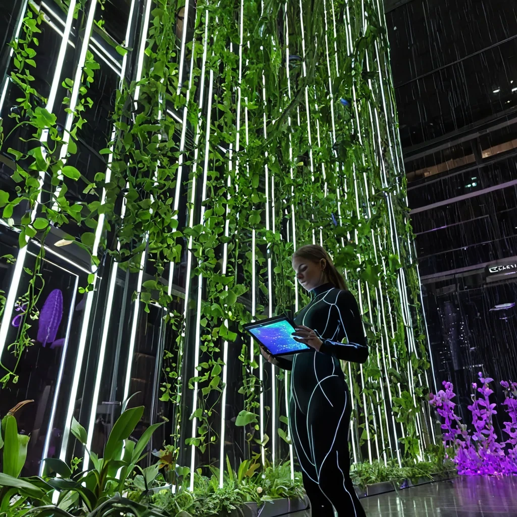 A dynamic, lowangle tracking shot of a colossal, vertical hydroponic tower constructed from translucent, ribbed glass panels and brushed titanium frames, situated in the center of a bustling, rainslicked cyberurban plaza. The towers interior reveals cascading waterfalls of nutrientrich, glowing neongreen liquid that flow downwards through spiraling channels filled with vibrant, variegated leafy greens and trailing vines of purple orchids. In the immediate foreground, a young botanist wearing a sleek, formfitting jumpsuit made of matte black recycled polymer and illuminated with thin, white LED strips along the seams, holds a holographic tablet displaying realtime growth metrics in floating, ambercolored data streams. The ambient lighting is a mix of