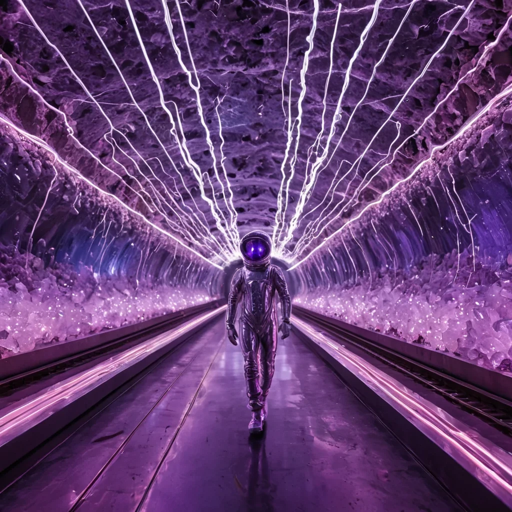 A horizontal, eyelevel medium shot of a highspeed transit corridor inside a colossal, hollowedout geode, where the walls are lined with shimmering clusters of amethyst and rose quartz that refract the passing light into prismatic rainbows. The floor is a seamless track of polished chrome that accelerates toward the viewer, creating a sense of rapid motion blur, while the ceiling consists of a canopy of hanging, crystalline chandeliers made from frozen lightning bolts. In the center, a figure wearing a translucent, bubblehelmet spacesuit and a suit woven from fiberoptic cables runs alongside the track, holding a handheld device that emits a pulse of soft, violet energy, causing the surrounding crystals to glow in response. The atmosphere is