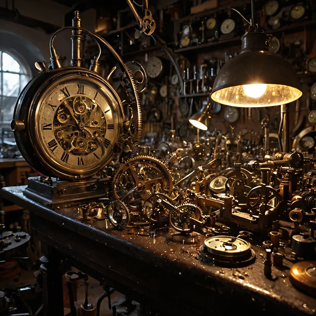 A photorealistic, extreme closeup of a solitary, elderly watchmakers hands, clad in iridescent, oilslick gloves, delicately assembling a mechanical heart that pulses with warm, amber light, resting on a workbench covered in scattered brass gears and tiny, floating droplets of liquid mercury that mirror the intricate machinery. The background is a soft, outoffocus blur of a cluttered, dimly lit workshop filled with shelves of antique clocks and vintage scientific instruments, bathed in the cool, directional glow of a single hanging arc lamp that casts sharp, dramatic shadows. The image features macrolevel detail, highlighting the texture of the worn leather apron, the fine dust particles dancing in the air, and the subtle refraction