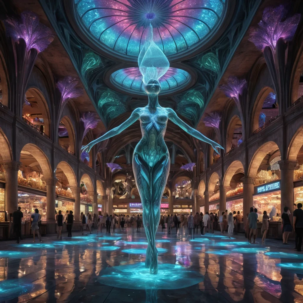 A hyperrealistic, 4K, ultra HD depiction of a surreal, neonlit subterranean marketplace, its vaulted ceilings adorned with intricate, geometric patterns that shimmer in vibrant, prismatic hues. Volumetric lighting from the pulsating, holographic vendor signs casts a mesmerizing glow on the bustling crowd of alien patrons, each with iridescent, scalelike skin and bioluminescent markings. Photorealistic, fractal, zerogravity water formations dance in a surreal ballet above the marketplace, their gentle movements casting ethereal ripples across the crystalline canals. In the center, a towering, crystalline statue of an ancient, mythological being stands watch, its eyes glowing with an otherworldly,