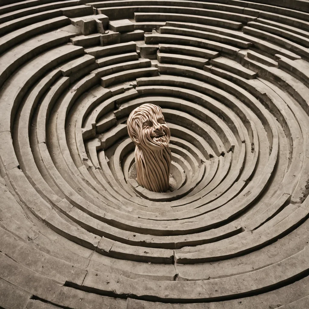 A single, selfdissolving filament of reversed laughter, shaped like a 4,821dimensional spiral of unformed joy and inverted euphoria, drifts through a vast, inverted amphitheater of solidified silenceeach seat carved from the exact moment between a smile forming and its refusal to spread, a voice rising and dissolving into nonaudible breath, a hand reaching and collapsing into pure, unmeasured stillness. The spiral does not echoit unechoes, each twisting strand shedding a layer of emotional resonance that never coalesced into shared warmth, reforming into ephemeral, rosegoldthreaded afterimages shaped like the negative space between two mouths that never parted to speak a joke that never existed