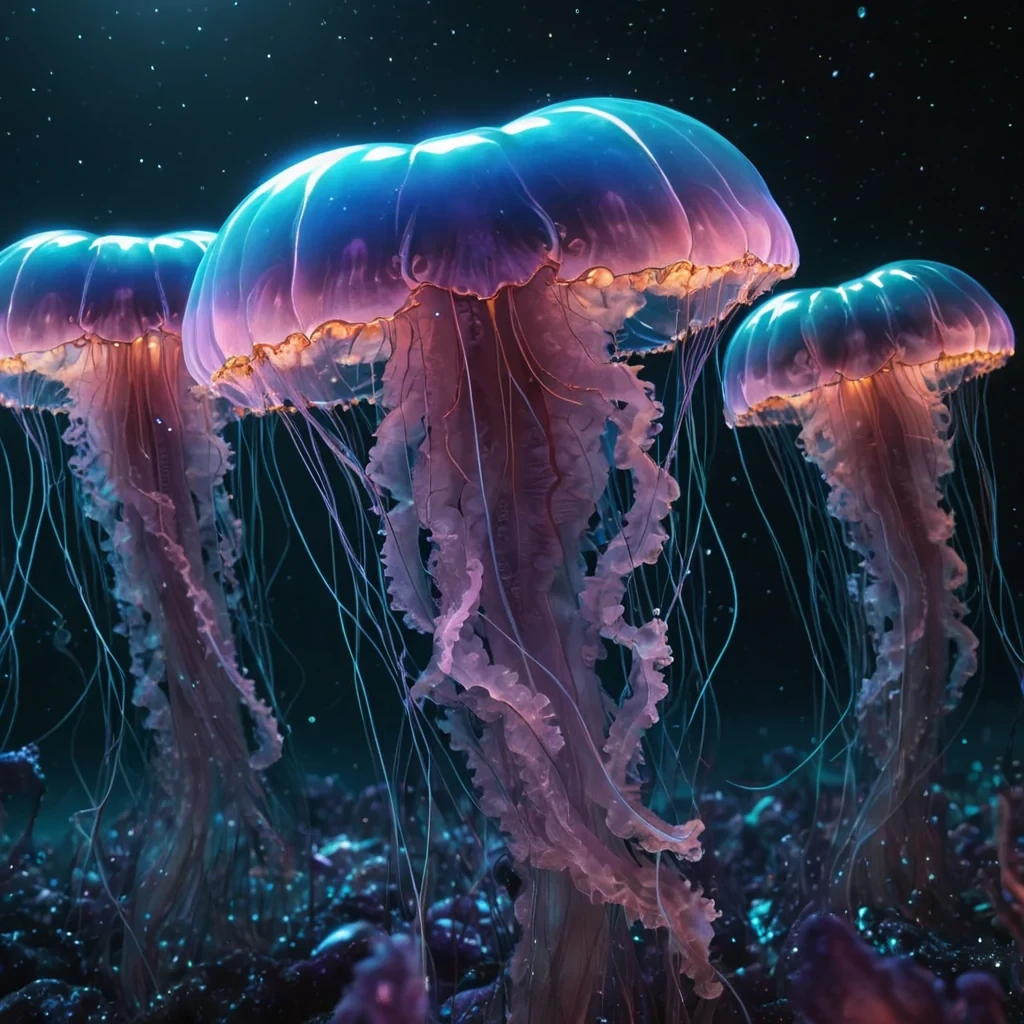 Photorealistic, colossal, undulating, opalescent, jellyfish swarm, its translucent, hyperrealistic, 4K tentacles pulsating in ultra HD, casting intricate, dynamic shadows on the mirrored, geometric surface of an infinite, nebulakissed void. Volumetric lighting accentuates the swarms ethereal, bioluminescent form, while atmospheric effects create a mesmerizing, otherworldly haze. Cinematic lighting bathes the scene in vibrant, shifting colors, with lens flare emphasizing the swarms central, radiant, pulsating, crystalencrusted heart.