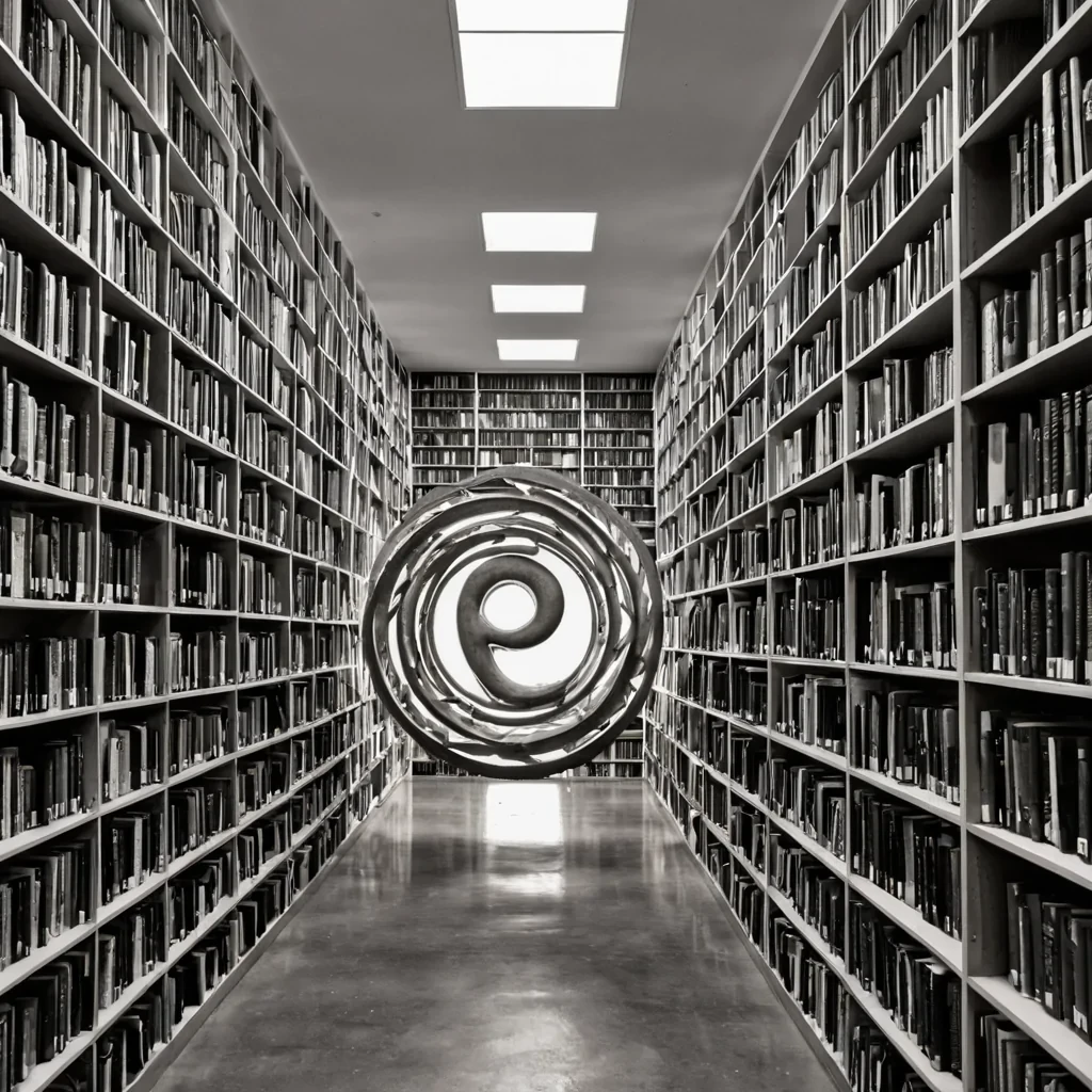 A single, selfrewriting glyph of reversed language, shaped like a 3,097dimensional Mbius scroll of unformed syntax and inverted meaning, floats at the center of a vast, inverted library of solidified silenceeach shelf carved from the exact moment between a sentence being spoken and its refusal to be understood, a name whispered and dissolving into nonsemantic fog, a story unfolding and collapsing into pure, unmeasured ambiguity. The glyph does not communicateit uncommunicates, each spiraling character shedding a layer of narrative potential that never coalesced into coherent thought, reforming into ephemeral, onyxthreaded afterimages shaped like the negative space between two lips that never parted to speak a word that