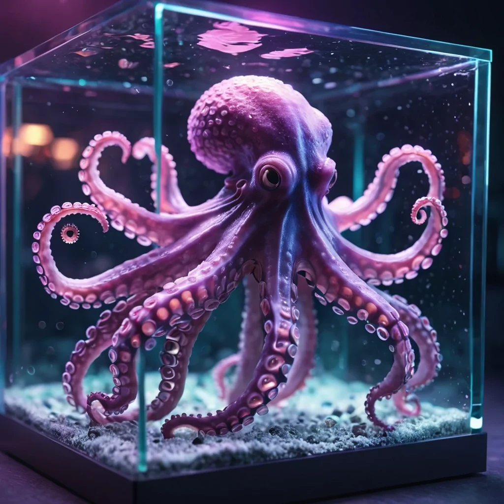 Hyperrealistic neon octopus with reflective metallic tentacles dancing in a cubic aquarium under auroralike volumetric lighting, dynamic shadows, bokeh effect, pastel tones, 4K