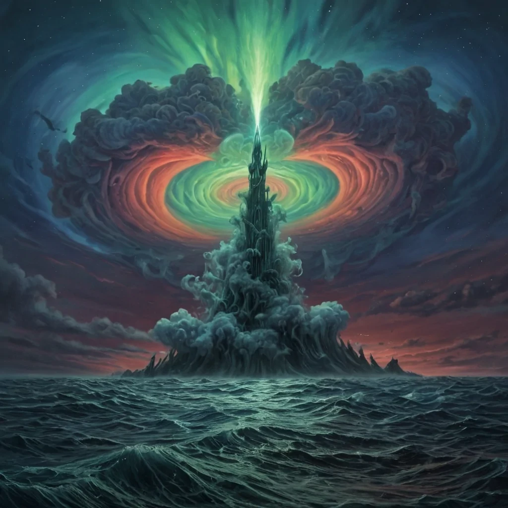 A single, humming spire of fused coral and solidified thunderclouds rises from the center of a vast, inverted ocean of liquid memory, its structure not vertical but spiraling outward like the coils of a forgotten lullaby. The spire does not growit resonates, vibrating at the frequency of a language spoken only in dreams, its surface etched with the faint, ghostly script of promises made to the wind. The ocean beneath is not waterit is a thick, viscous medium of compressed silence, rippling not with waves but with the emotional afterimage of a handshake that never happened. Above, the sky is not blueit is a dense, swirling tapestry of inverted auroras, each strand composed of solidified breath