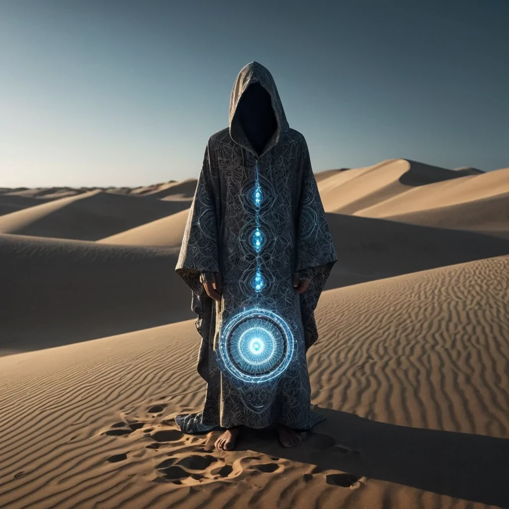Photorealistic, Ultra HD portrait of a sentient, levitating, neonlit holographic kaleidoscope, its ethereal form pulsating with intricate, bioluminescent geometric patterns, set against a surreal, monochromatic landscape of undulating, shadowy dunes, with volumetric lighting casting dramatic shadows and emphasizing the kaleidoscopes dynamic, fluid movements, and a subtle, cool bokeh effect creating a sense of isolation and mystery, as a lone, spectral figure, cloaked in a tattered, hooded robe, stands silently at the edge of the frame, their face obscured by shadows, adding an enigmatic, haunting touch to the otherwise abstract scene.