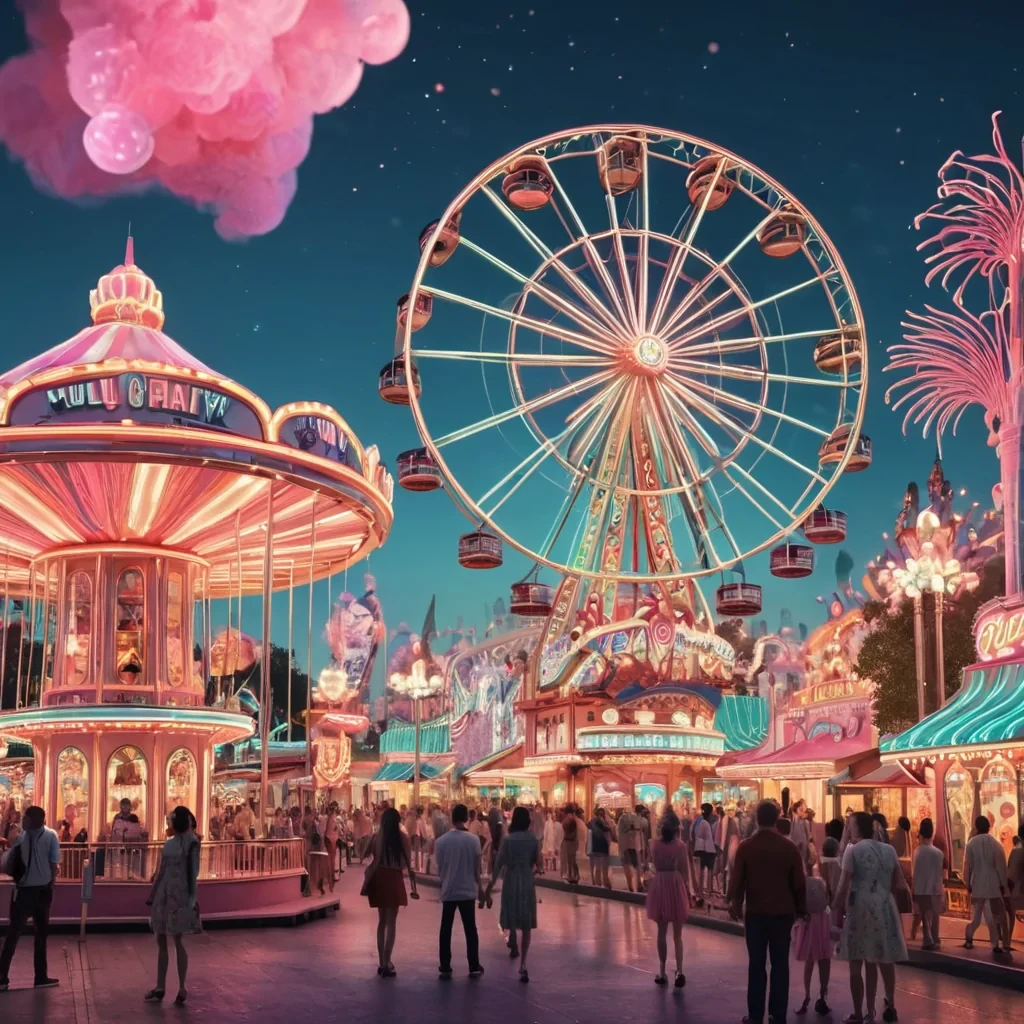 A hyperrealistic, 4K, ultra HD depiction of a vibrant, retrofuturistic amusement park at dusk. The parks whimsical, art deco structures and neonlit attractions are etched in intricate, geometric patterns that shimmer in a kaleidoscope of pastel hues. Volumetric lighting from the pulsating, neon signs casts a mesmerizing glow on the bustling crowd of diverse, vintagedressed patrons, each with exaggerated, caricaturelike features. Photorealistic, zerogravity cotton candy formations drift in a surreal dance above the parks central, shimmering lagoon, their gentle movements casting ethereal ripples across the water. In the heart of the park, a towering, art deco ferris wheel rotates, its