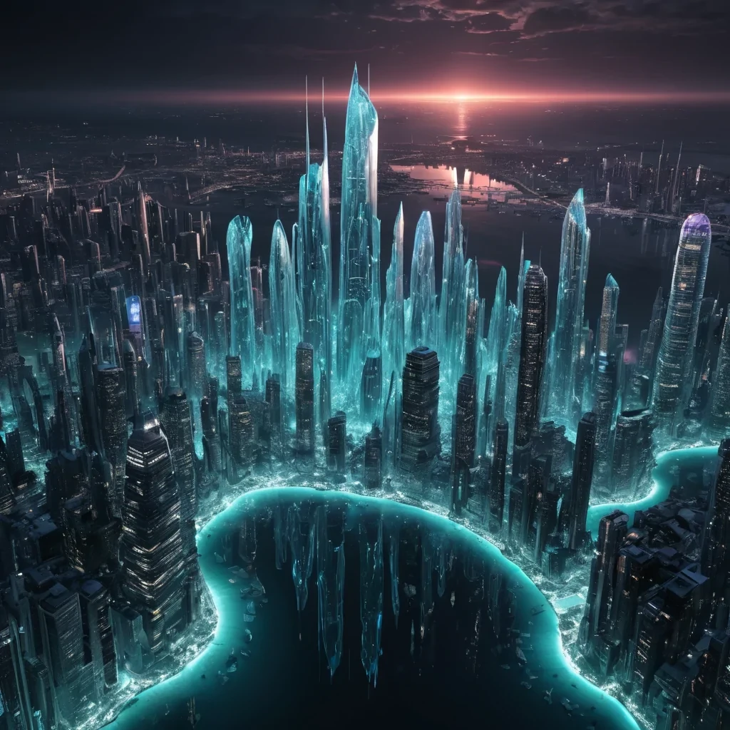 Photorealistic, colossal, undulating, opalescent, glass metropolis, its hyperrealistic, 4K, fluid structures revealing ultra HD glimpses of a pulsating, neonlit, aquatic world within. Volumetric lighting from unseen, bioluminescent sources etches the citys ethereal, wavelike towers, casting intricate, dynamic, shimmering shadows on the inverted, reflective surface. Cinematic lighting bathes the scene in vibrant, otherworldly hues, with lens flare emphasizing the citys central, radiant, pulsating, glass heart, throbbing with captive, alien marine life.