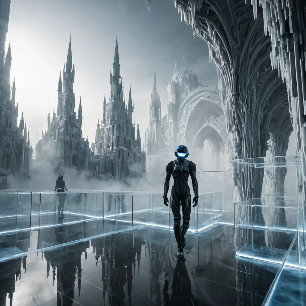 A hyperrealistic, eyelevel wide shot of a suspended, labyrinthine city built entirely from interlocking, translucent blocks of frozen, swirling smoke trapped in clear acrylic, floating in a vast, colorless void. The architecture features sharp, angular spires and smooth, curved bridges that connect the floating districts, with internal currents of gray and white vapor slowly drifting within the solid blocks, creating a sense of perpetual, silent motion. In the foreground, a solitary figure wearing a sleek, matteblack exosuit with glowing blue visor lights walks across a narrow, glass walkway, their reflection distorted by the shifting mist within the surrounding structures. The lighting is soft and diffuse, emanating from an unseen source above, casting gentle shadows and highlighting the