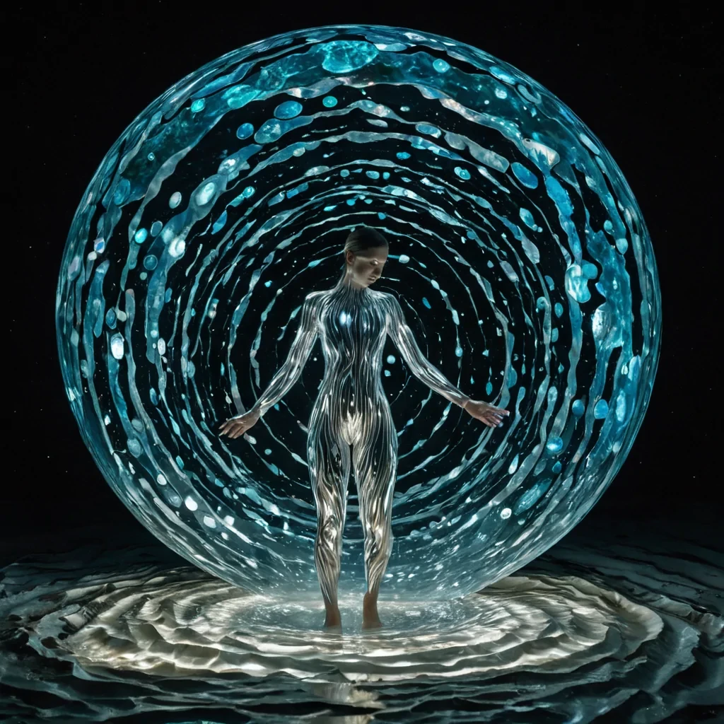 A vertical, eyelevel medium shot of a silent, circular sanctuary constructed from polished, translucent sheets of white alabaster, situated within a vast, deepsea trench illuminated by bioluminescent plankton. The floor is a mosaic of iridescent abalone shells that ripple with soft, pearlescent light, reflecting the gentle undulations of the surrounding water. In the center, a figure wearing a streamlined, fluiddynamic suit made of shimmering, liquid silver fabric stands barefoot, their hands gently touching a floating, spherical orb of pure, condensed moonlight that emits a soft, cool blue glow. The orb projects intricate, threedimensional geometric patterns of constellations into the water around it, creating a mesmerizing dance of