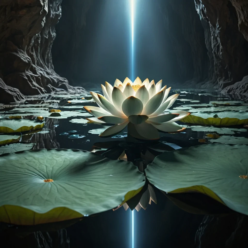 Photorealistic, monolithic, onyx, levitating, lotus flower, its hyperrealistic, 4K, velveteen petals revealing ultra HD glimpses of a tranquil, bioluminescent, subterranean world within. Volumetric lighting from unseen, pulsating, geothermal cores etches the lotus ethereal, fractal petals, casting intricate, dynamic, shimmering shadows on the inverted, reflective chasm. Cinematic lighting bathes the scene in vibrant, earthy hues, with lens flare emphasizing the lotus central, radiant, throbbing, onyx heart, pulsating with captive, terrestrial, geothermal energy.