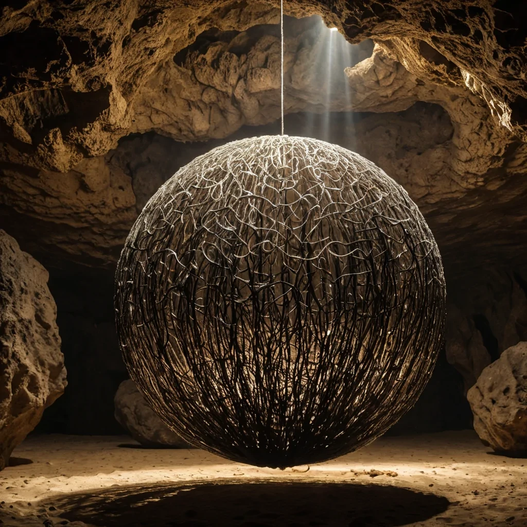 A hyperrealistic, eyelevel wide shot of a colossal, suspended sphere made of woven, iridescent kelp fibers, floating gently in a vast, dimly lit cavern filled with warm, humid air. Inside the permeable sphere, a miniature, selfcontained desert ecosystem thrives, featuring smooth, white limestone formations and tiny, slowmoving silver beetles that scatter across the sand. The sphere is tethered to the cavern ceiling by thick, braided ropes of braided silk that glow with a faint, pulsating amber light, creating a rhythmic visual beat against the dark, wet stone walls of the cavern. Sunlight filters through cracks in the cavern roof above, casting sharp, dramatic beams of light that pierce through the k