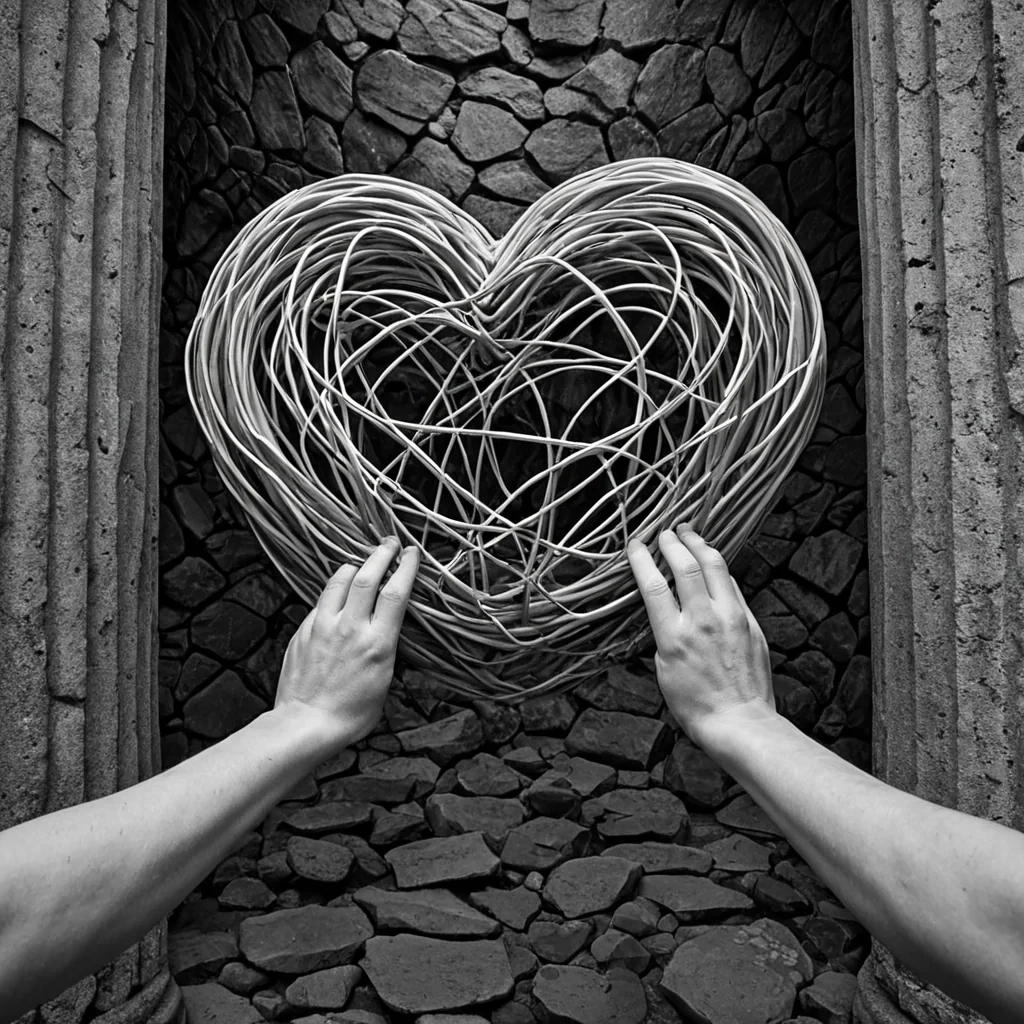 A single, selfilluminating tangle of reversed empathy, shaped like a 2,003dimensional network of unformed connection and inverted compassion, pulses at the center of a vast, inverted sanctuary of solidified isolation  each stone pillar carved from the exact moment between a hand reaching out and its refusal to touch, a word spoken and dissolving into nonverbal silence, a glance held and collapsing into pure, unmeasured nonattachment. The tangle does not transmit emotion  it untransmits it, each fraying filament shedding a layer of relational potential that never coalesced into shared understanding, reforming into ephemeral, topazveined afterimages shaped like the negative space between two hearts that never