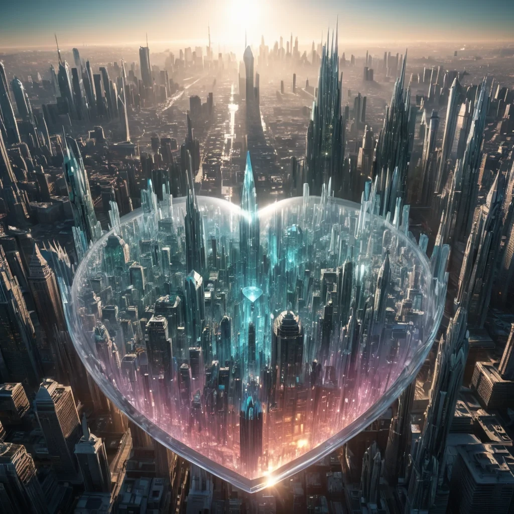 Photorealistic, colossal, inverted, glassshelled metropolis, its hyperrealistic, 4K, transparent, labyrinthine structures revealing ultra HD glimpses of an inverted, mirrored, skyline within. Volumetric lighting from an unseen sun etches the citys ethereal, crystal spires, casting intricate, dynamic, kaleidoscopic shadows on the inverted, reflective surface. Cinematic lighting bathes the scene in vibrant, otherworldly hues, with lens flare emphasizing the citys central, radiant, pulsating, inverted, crystal heart, throbbing with captive, alien energy.