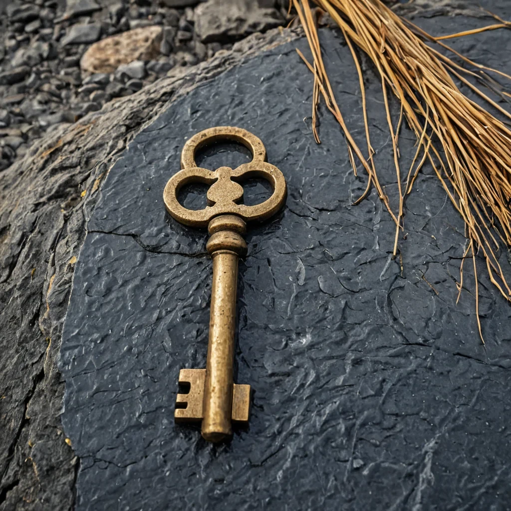 A highresolution, photorealistic closeup of a single, weathered brass key resting on a surface of rough, unpolished slate. The key is not made of metal but of compressed, layered sedimentary rock, its intricate teeth and bow eroded by centuries of wind and rain, giving it a porous, chalky texture that crumbles slightly at the edges. The head of the key is embedded with a single, flawless, spherical drop of liquid indigo ink that defies gravity, hovering just above the stone surface, connected by a thin, gossamer thread of solidified time. The background is a soft, outoffocus blur of warm, goldenhour light filtering through a dense, woven lattice of dried reeds, casting