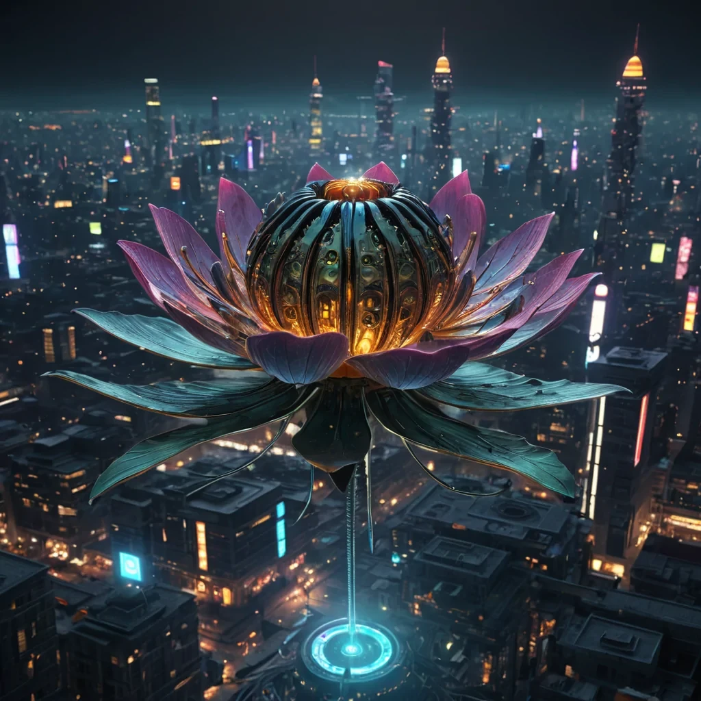A colossal, ancient, mechanical lotus, its metallic petals unfurling to reveal a labyrinthine, neonlit city within, blooms from the heart of a vast, undulating, obsidian plain. Suspended within the lotus stamen, a holographic, sentient, mechanical swarm of dragonflies dances, casting ephemeral shadows on the citys inhabitants sentient, robotic, reptilian creatures. Rendered in ultra HD, with volumetric lighting, atmospheric effects, and vibrant colors, evoking a sense of surreal, otherworldly wonder.